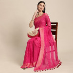 Pink & Gold-Toned Floral Zari Pure Chiffon Saree