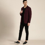 Men Burgundy Solid Single-Breasted Slim Fit Smart Casual Blazer